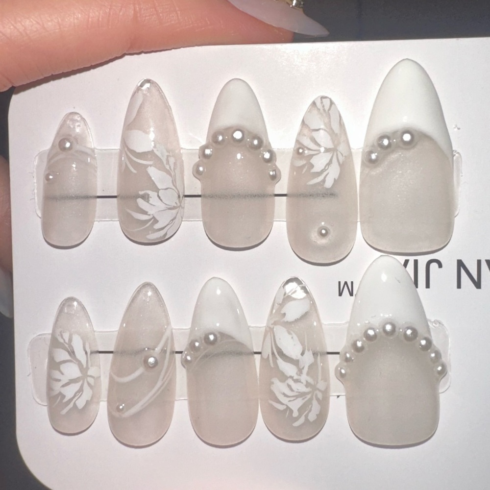 Dainty white French nail gem nail set